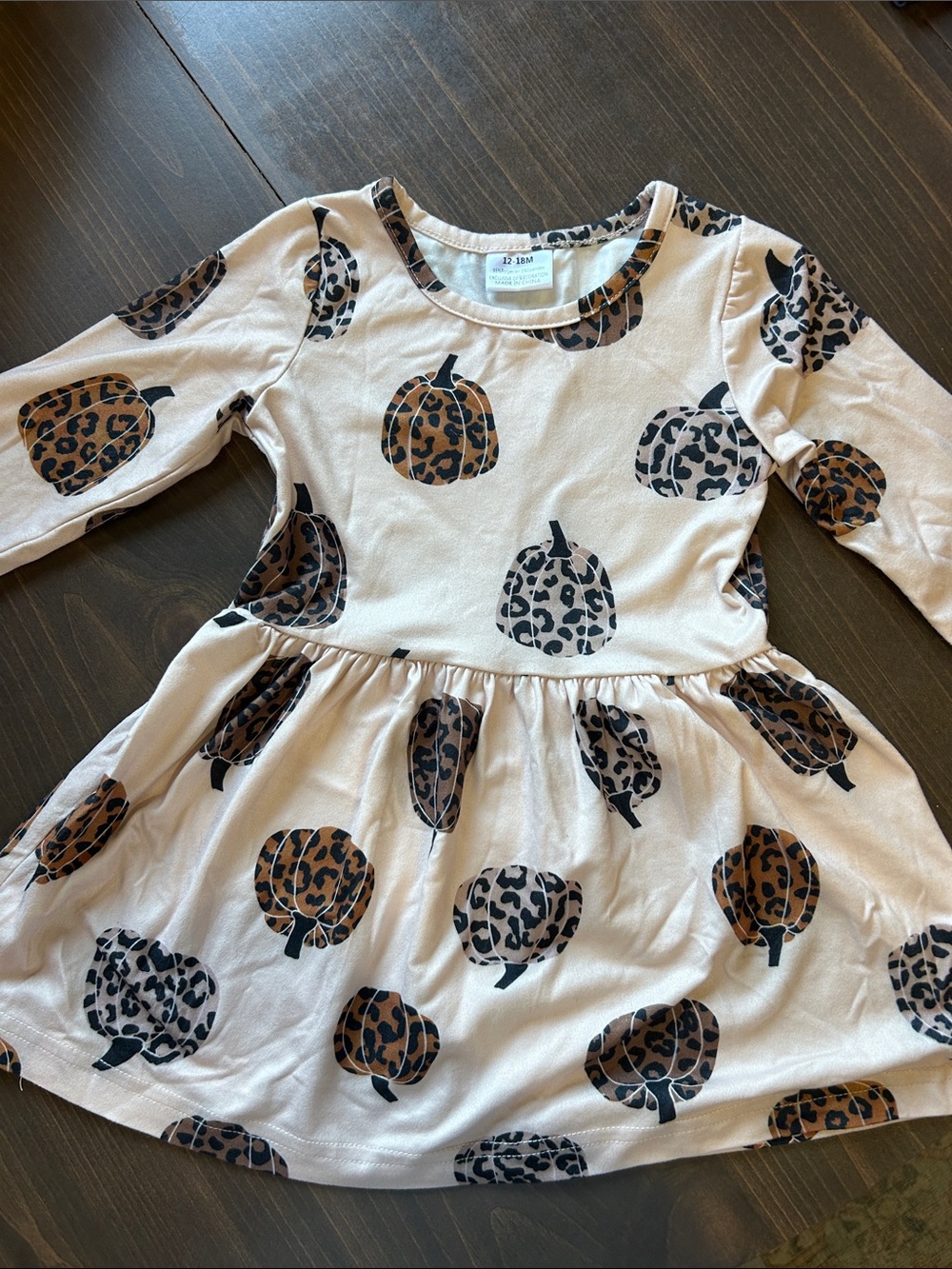 Leopard Pumpkin Print Long-Sleeve Kids Dress - Cream/Brown size 12-18 months